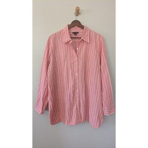 Lands End Womens Button Up Shirt Top 2X Cotton Gauzy Pink Striped Relaxed Casual
